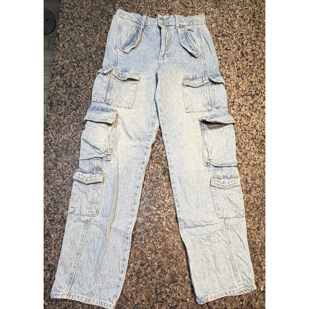 Zara Womens Light Wash‎ Wide Leg Cargo Jeans Light Blue Denim Size 0 22 6840/105